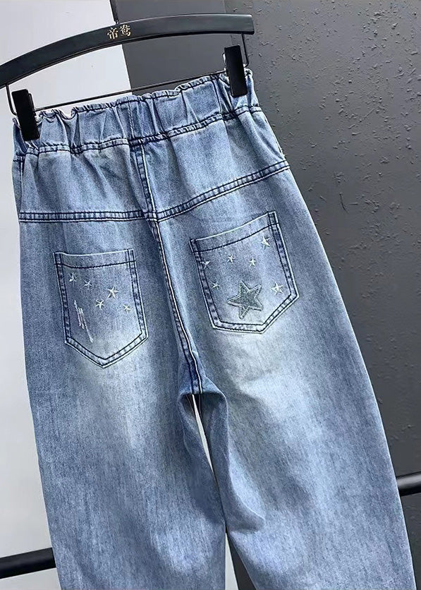 Elegant Blue Pocket Embroidered Elastic Waist Denim Cropped Pants Summer