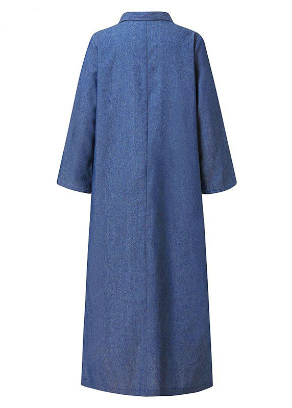 Elegant Peter Pan Collar Long Patchwork Blue Denim Long Sleeves Dress