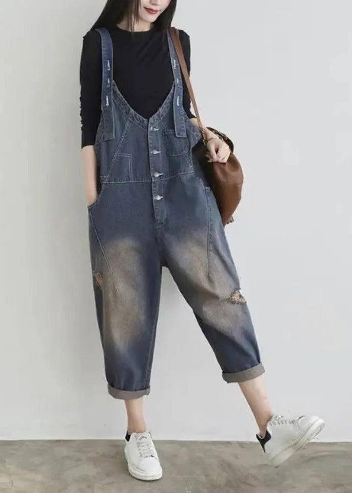 Elegant Blue V Neck Patchwork Button Jumpsuit Summer