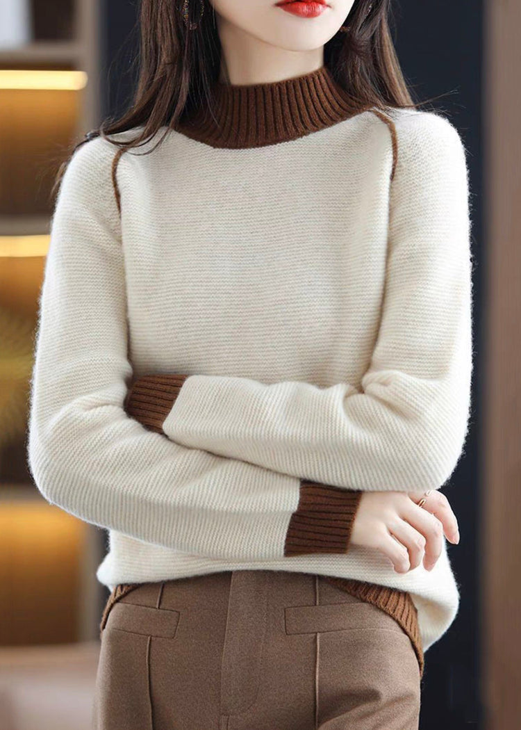 Elegant Brown Turtleneck Cozy Patchwork Wool Knit Sweaters