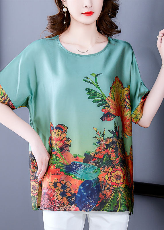 Elegant Green O-Neck Print Silk Tops For Women Short Sleeve