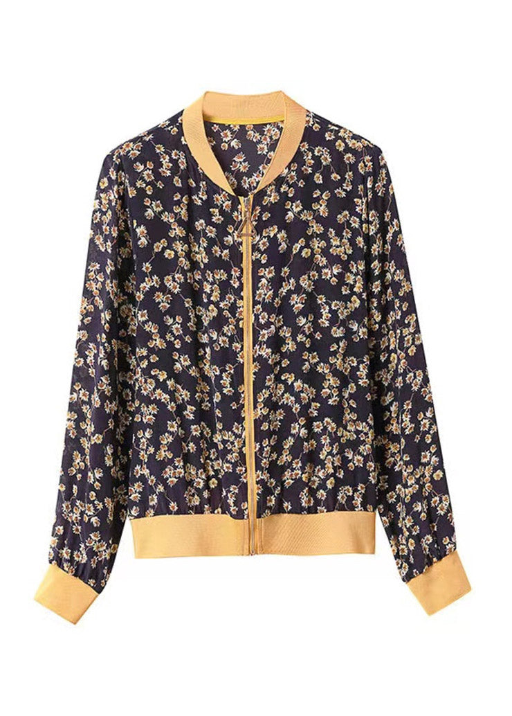 Elegant Navy Blue Chiffon Print Zipper Sun Protection Coat Long Sleeves