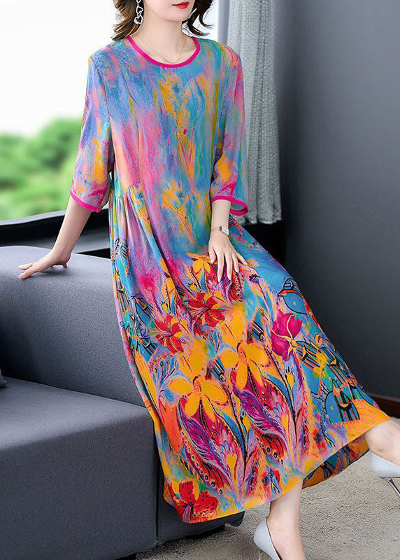 Elegant Oversized Print O-Neck Silk Maxi Dress With Bangle Sleeves