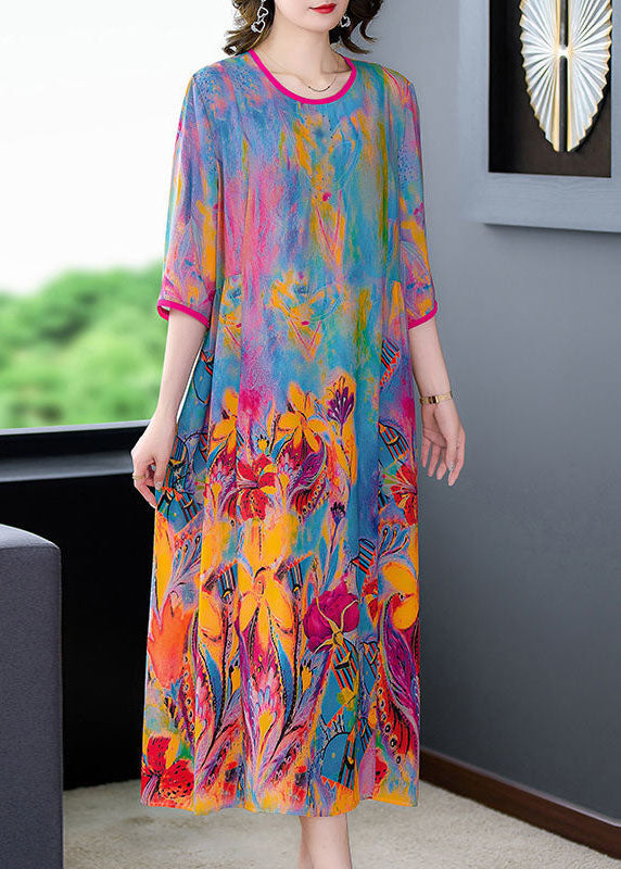 Elegant Oversized Print O-Neck Silk Maxi Dress With Bangle Sleeves