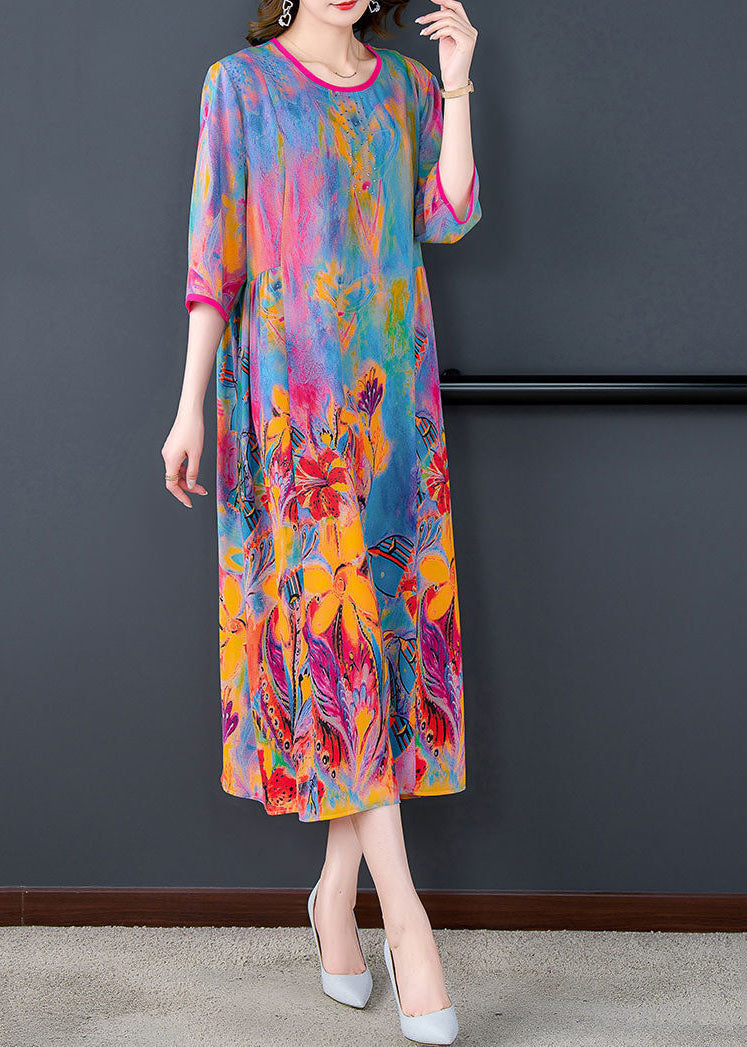 Elegant Oversized Print O-Neck Silk Maxi Dress With Bangle Sleeves