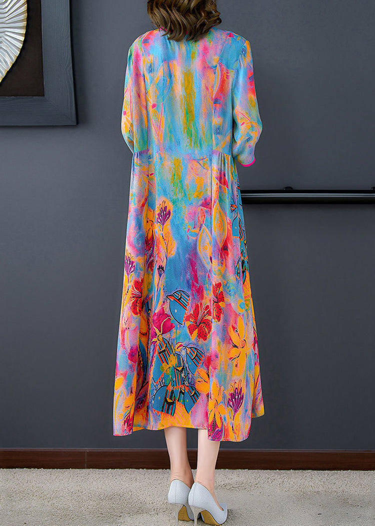 Elegant Oversized Print O-Neck Silk Maxi Dress With Bangle Sleeves