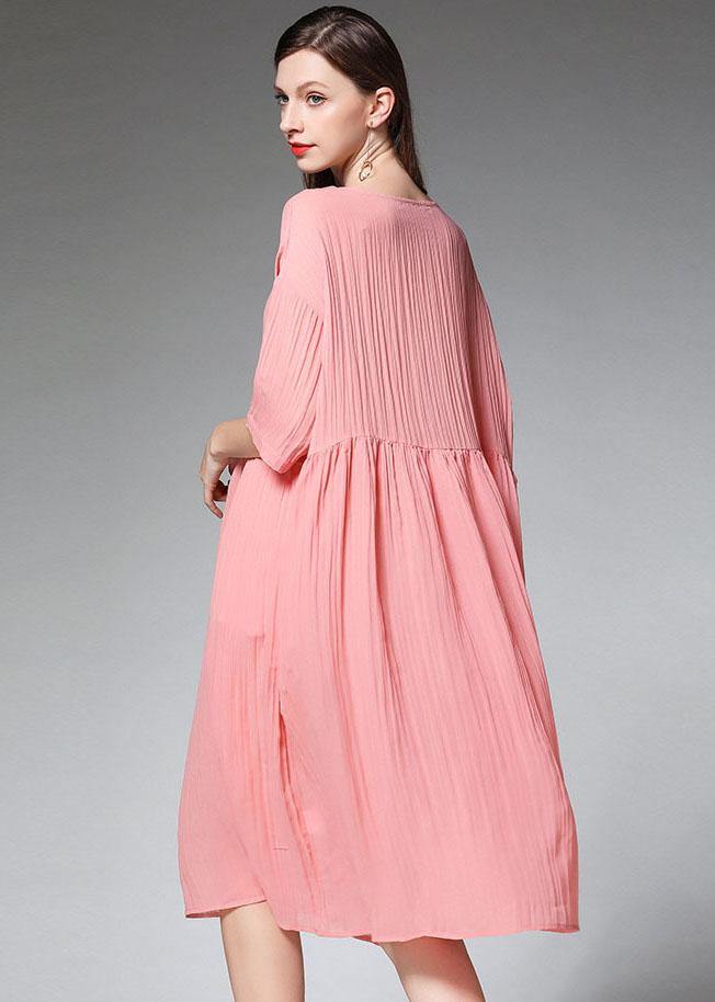 Elegant Pink Wrinkled Pockets Summer Dress Half Sleeve