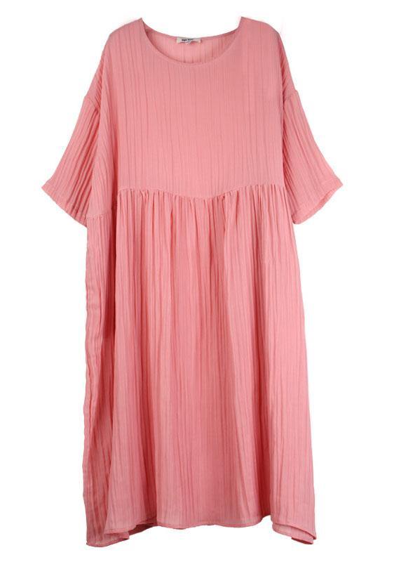 Elegant Pink Wrinkled Pockets Summer Dress Half Sleeve