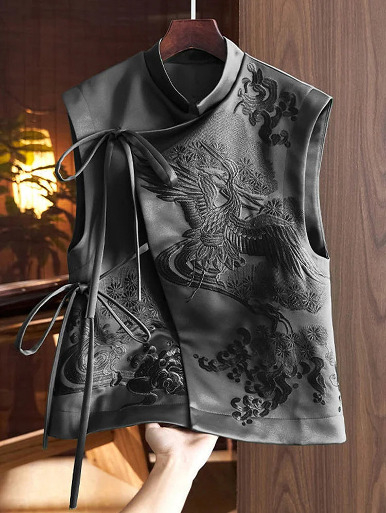 Elegant Plain Tie Front Mock Neck Embroidery Waistcoat