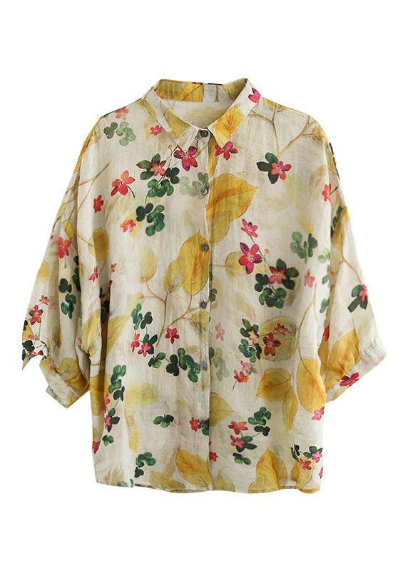 Elegant Peter Pan Neck Button Summer Print Linen Top Three Quarter Sleeves