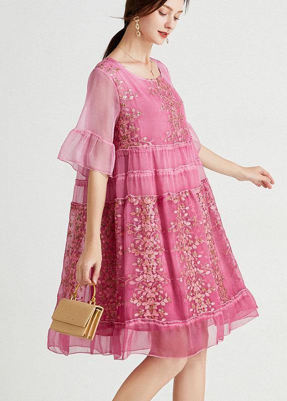 Elegant Rose Embroidered Patchwork Summer Dresses Half Sleeve