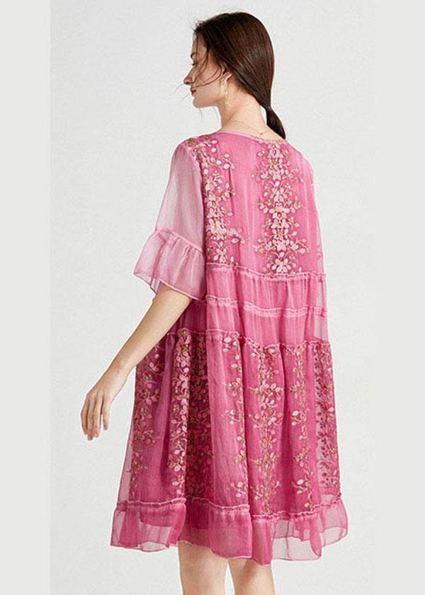 Elegant Rose Embroidered Patchwork Summer Dresses Half Sleeve