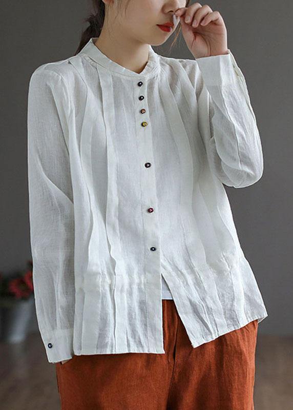 Elegant White Linen Retro Wrinkled Fall Tie Waist Long Sleeve Shirt Tops