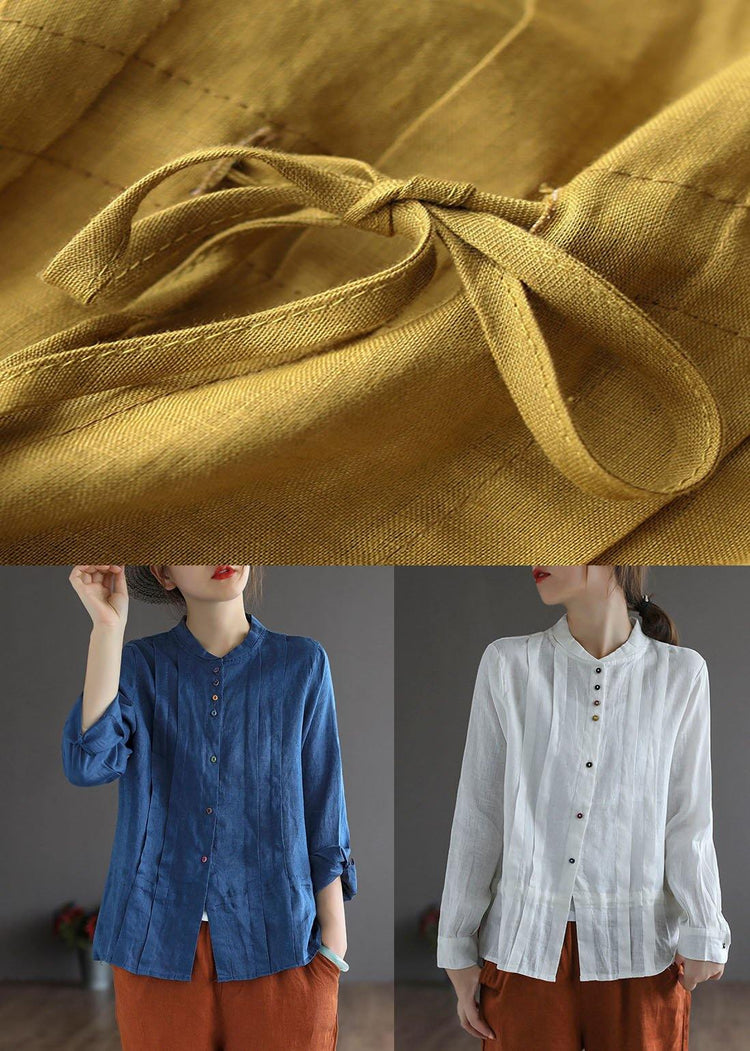 Elegant White Linen Retro Wrinkled Fall Tie Waist Long Sleeve Shirt Tops