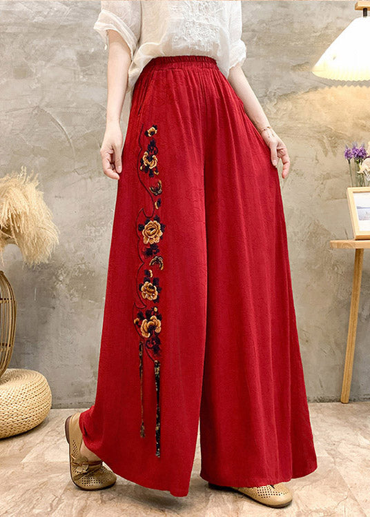 Ethnic Style High Waisted Embroidered Wide Leg Pants Summer