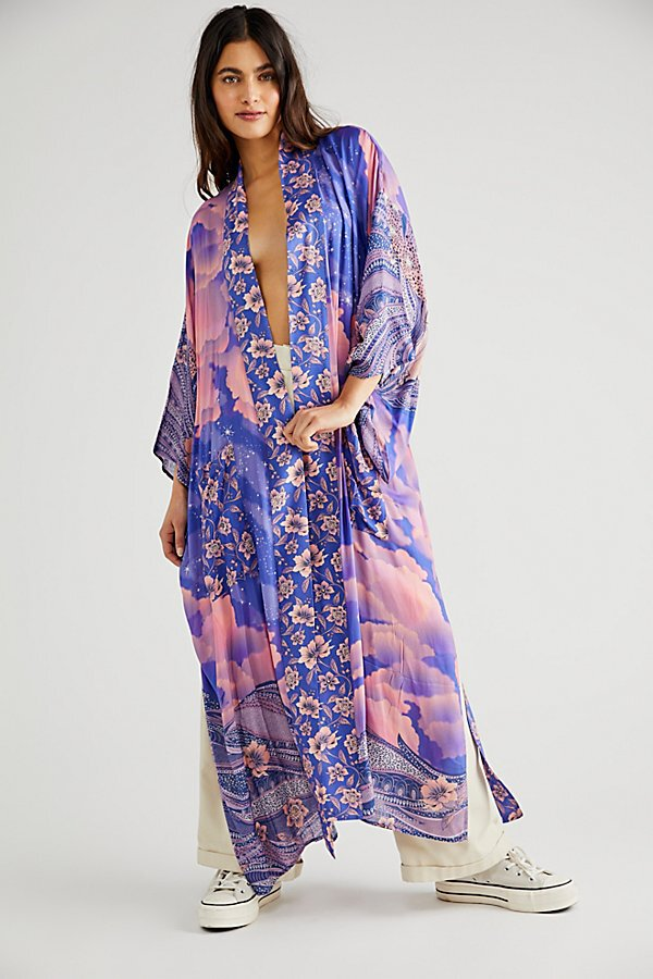 Fancy Purple Sky Printed Silk Half Sleeve Long Gown Kimono With Robe