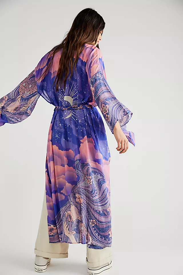 Fancy Purple Sky Printed Silk Half Sleeve Long Gown Kimono With Robe