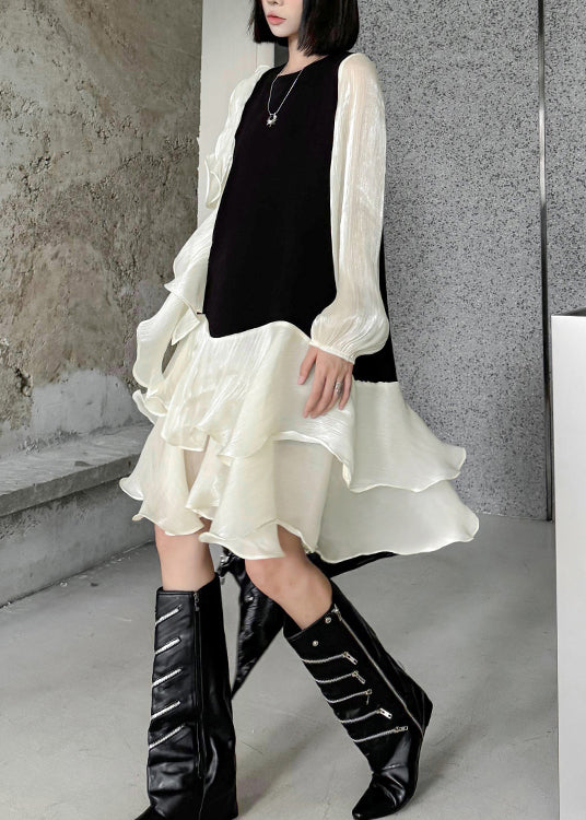 Fashion Apricot Ruffled Organza Patchwork Cotton Dress Fall