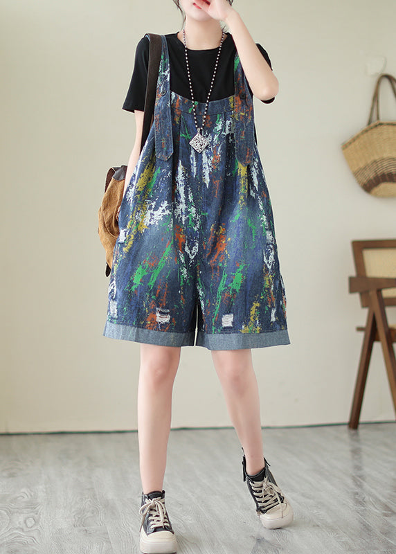 Trendy Blue Tie Dye Oversized Denim Jumpsuit Ripped Shorts Summer