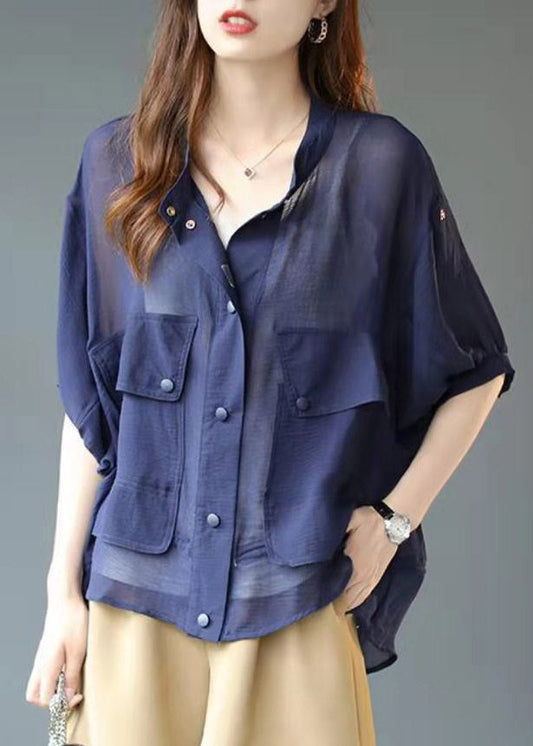 Fashion Blue Chiffon UPF 50+ Pockets Coats lantern sleeve Summer