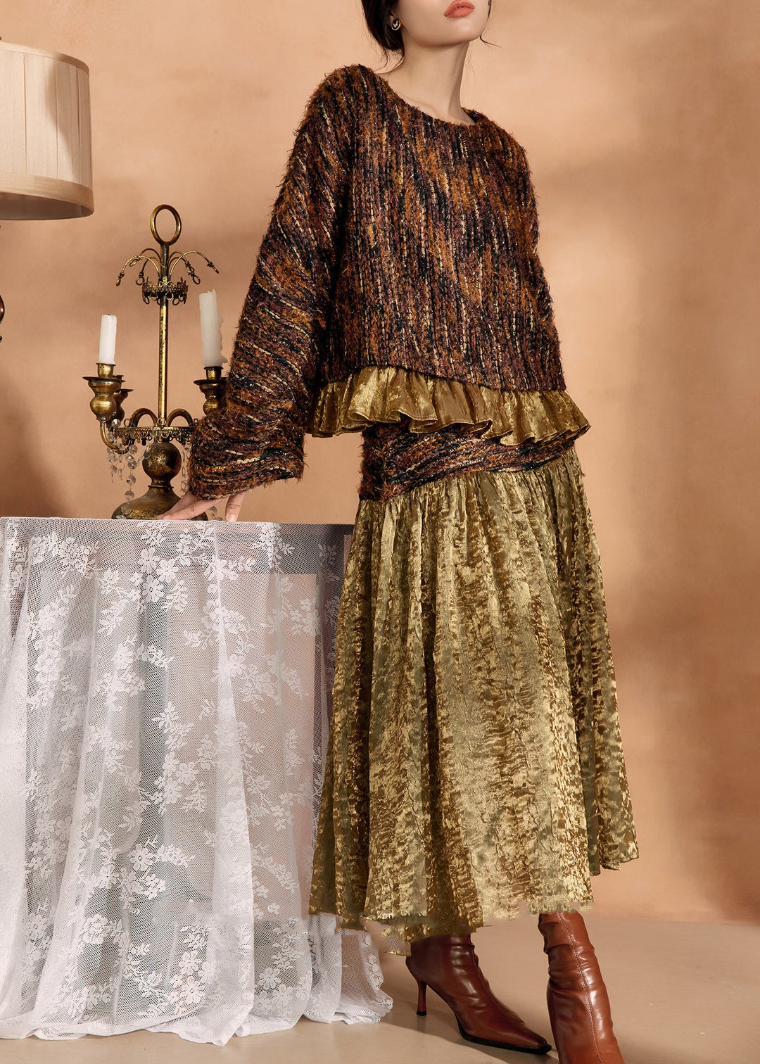 Fashion Brown Knit Sweaters And Silk Skirts Two Pieces Set Fall