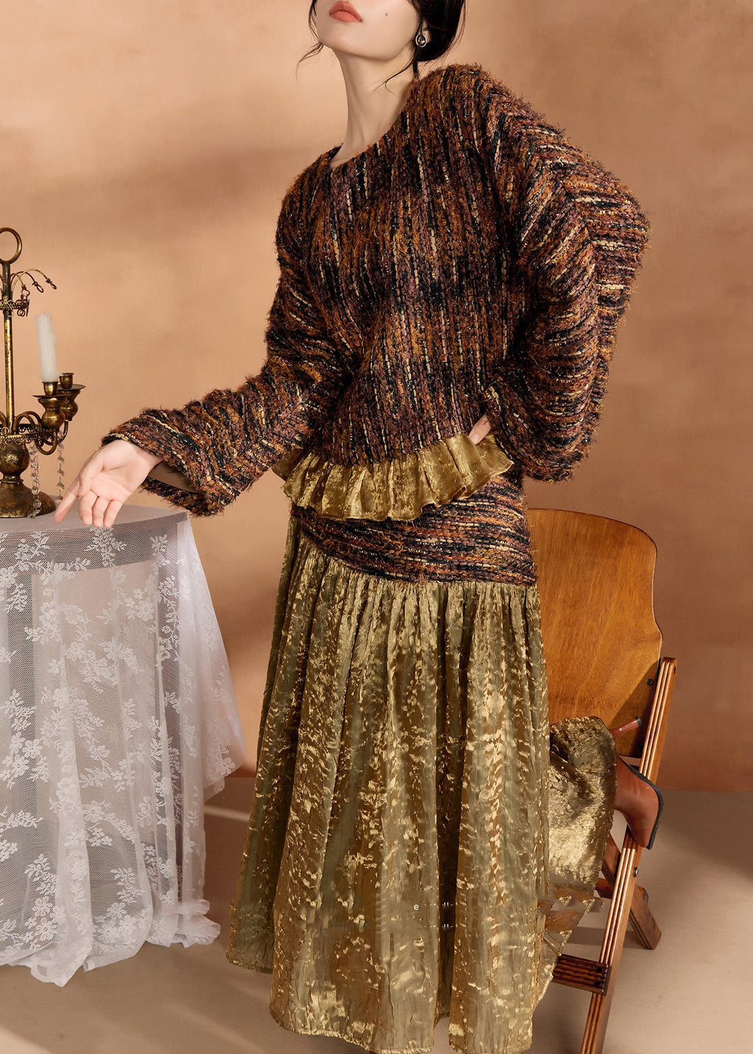 Fashion Brown Knit Sweaters And Silk Skirts Two Pieces Set Fall