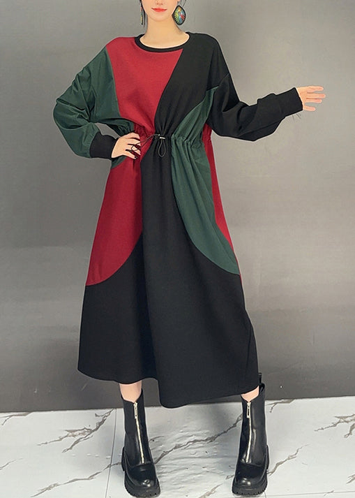 Fashion Colorblock O Neck Drawstring Cotton Dress Fall