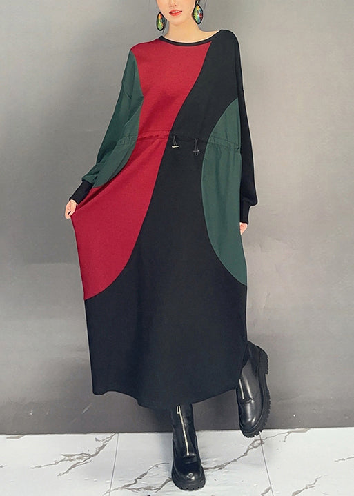 Fashion Colorblock O Neck Drawstring Cotton Dress Fall