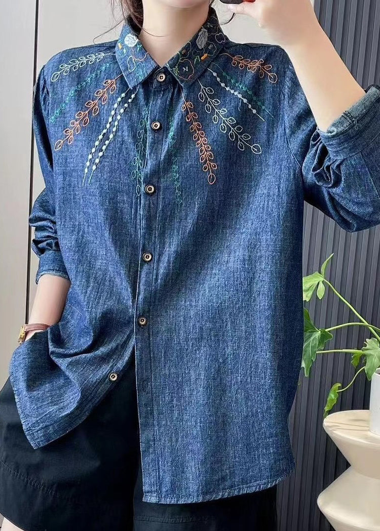 Fashion Denim Blue Peter Pan Collar Embroidered Button Shirt Long Sleeve