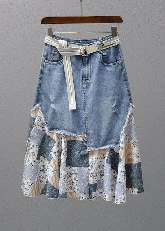 Summer fashion blue patchwork print high waist maxi denim skirt