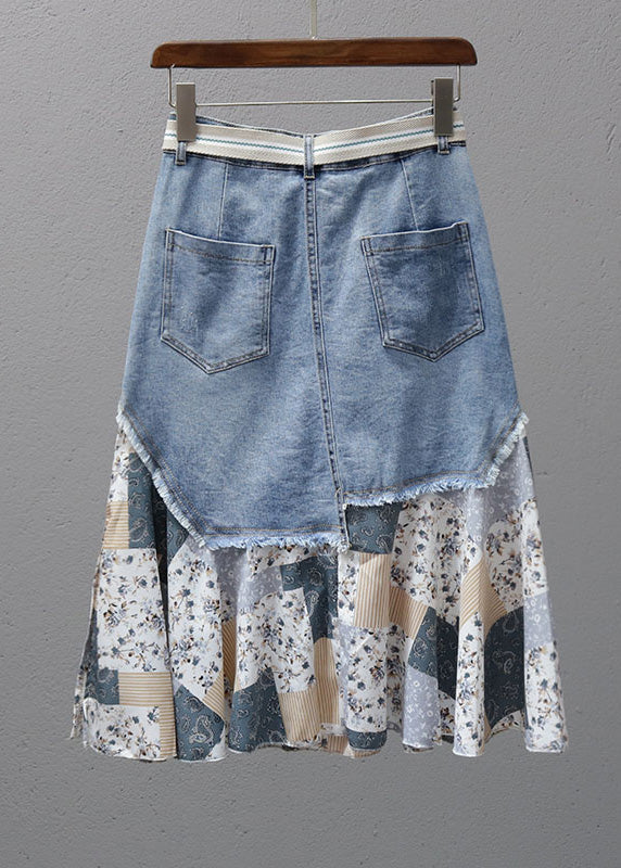 Summer fashion blue patchwork print high waist maxi denim skirt