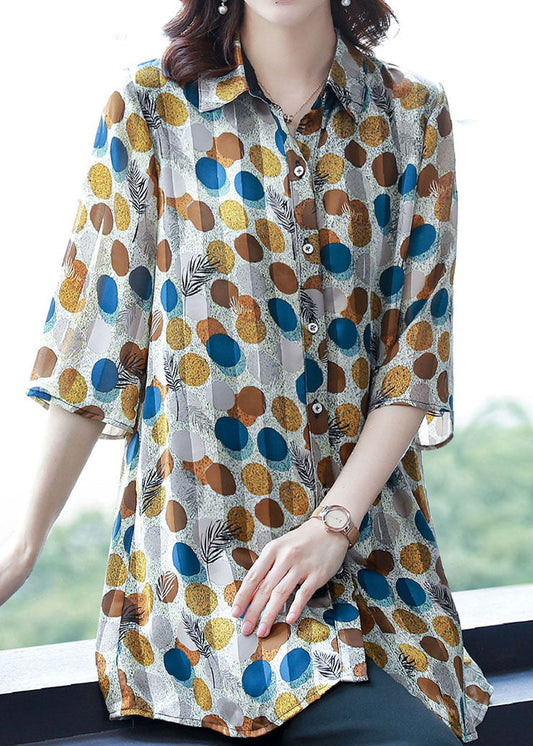 Fashion Dot Print Peter Pan Collar Button Silk Shirt Top Summer