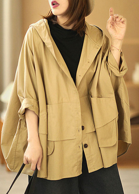 Fashion Khaki Hooded Patchwork Casual Autumn Batwing Sleeve Coat