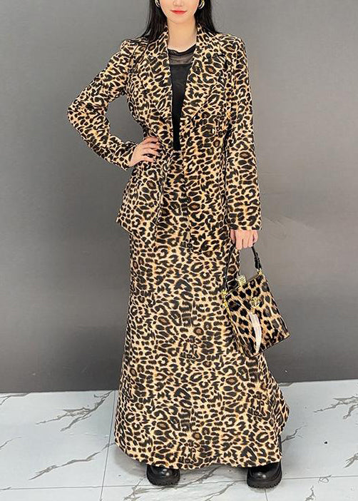 Fashion Leopard Coat And Skirts Two Pieces Set Fall