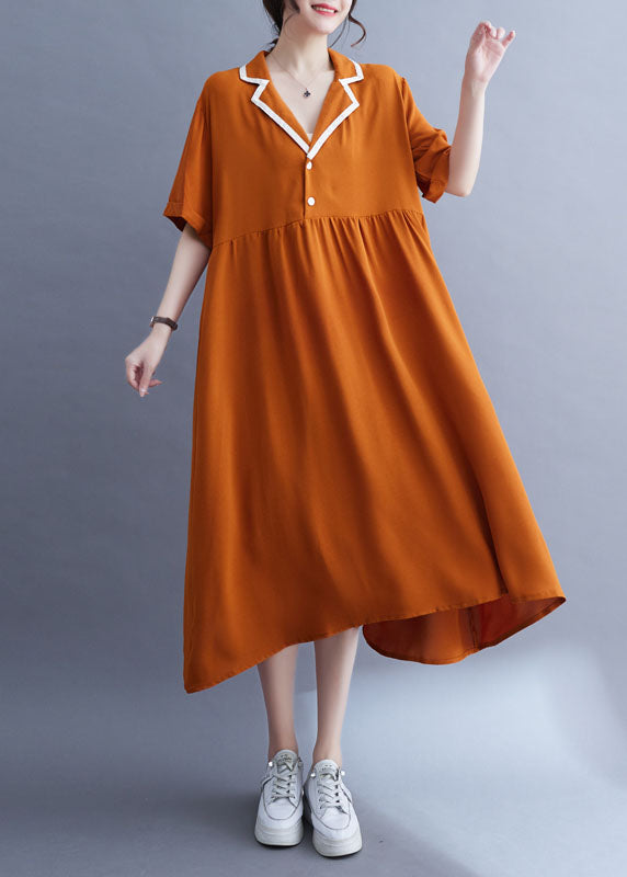 Fashion Orange Wrinkle Patchwork Peter Pan Collar Ice Silk Dress Summer