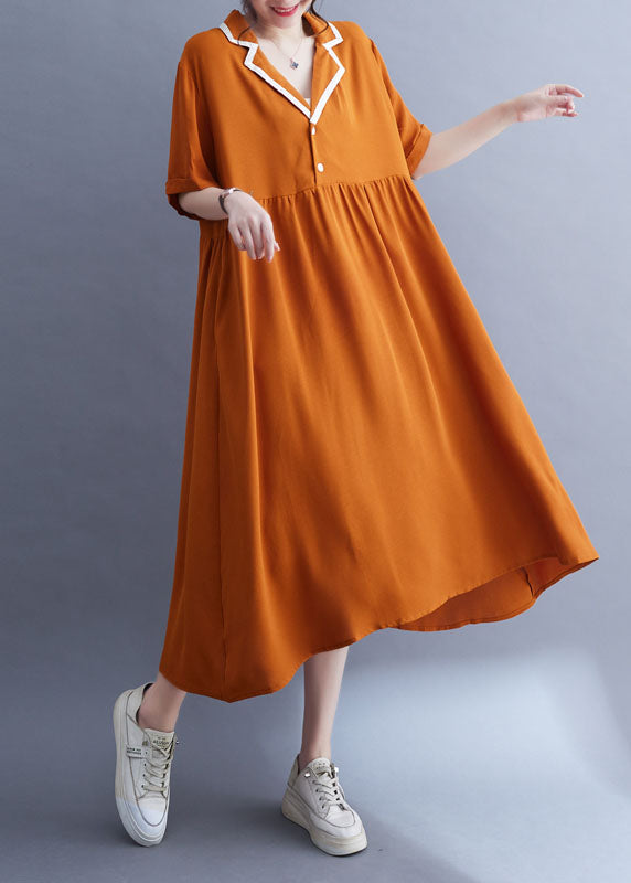 Fashion Orange Wrinkle Patchwork Peter Pan Collar Ice Silk Dress Summer