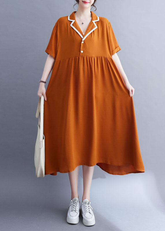 Fashion Orange Wrinkle Patchwork Peter Pan Collar Ice Silk Dress Summer