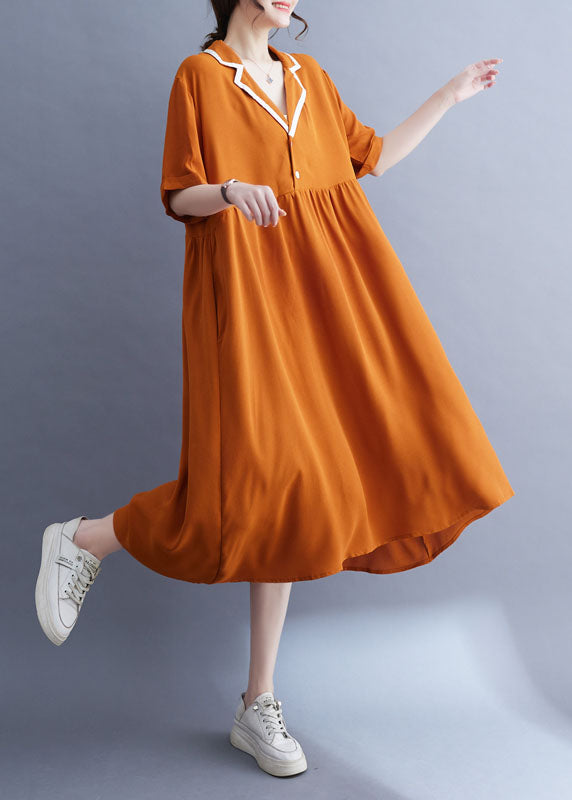 Fashion Orange Wrinkle Patchwork Peter Pan Collar Ice Silk Dress Summer