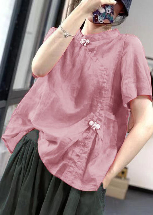 Fashion Pink Stand Collar Patchwork Bow Shirt Short Sleeve