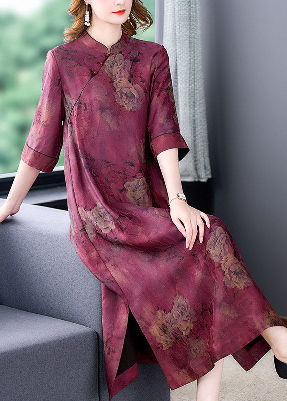 Fashion stand collar printed button side open silk purple dresses summer