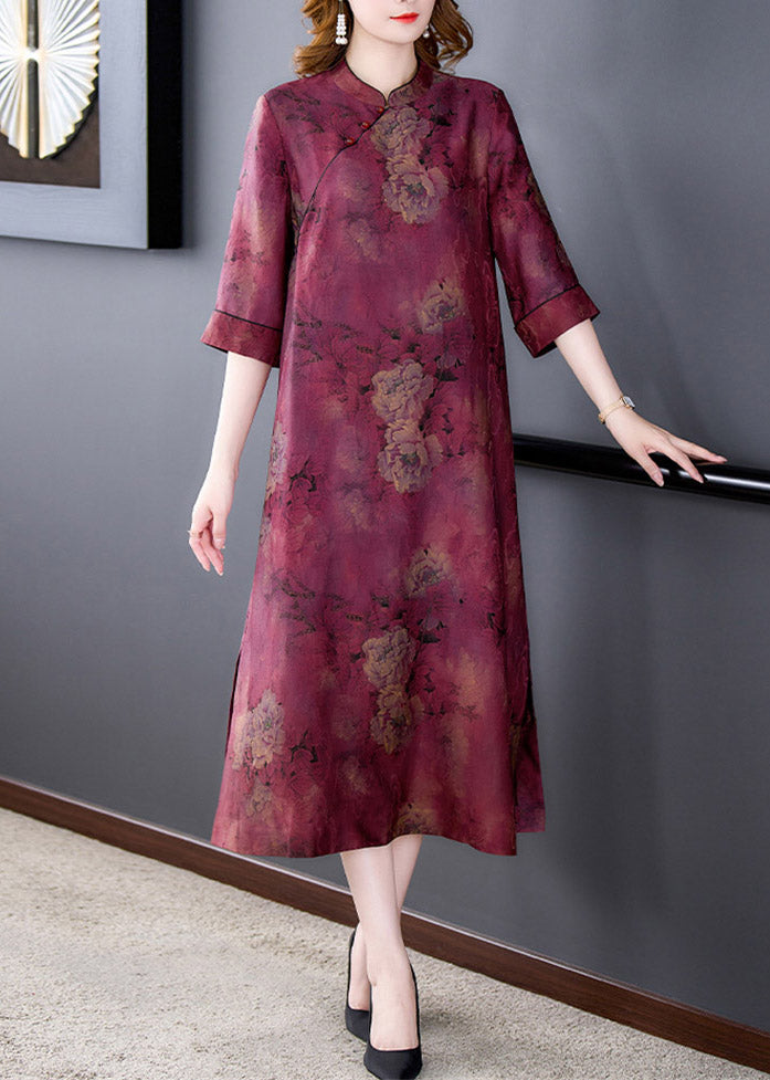 Fashion stand collar printed button side open silk purple dresses summer