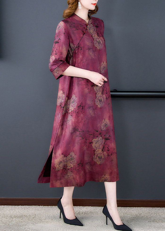 Fashion stand collar printed button side open silk purple dresses summer