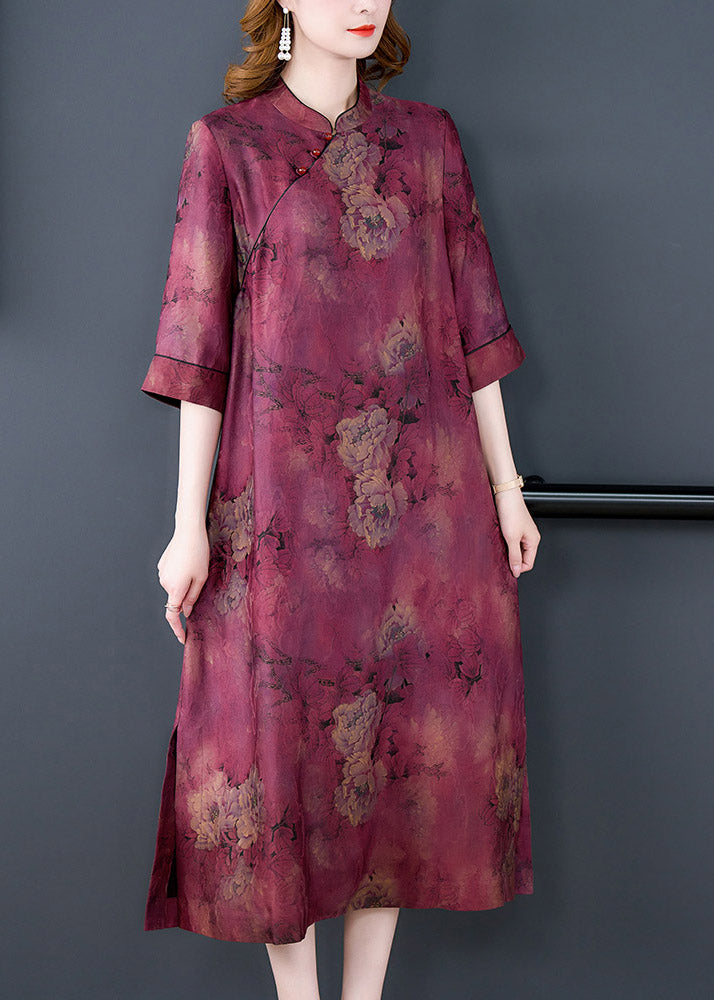 Fashion stand collar printed button side open silk purple dresses summer