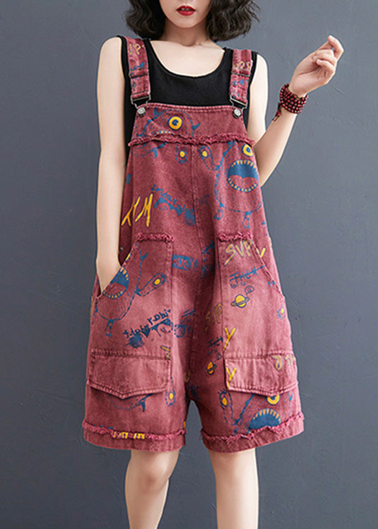 Red fashion slanted collar printed patchwork denim jumpsuit summer