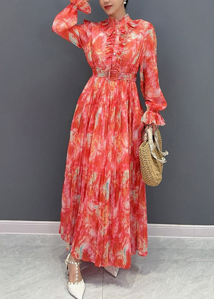 Fashion Red Stand Collar Print Sashes Chiffon Long Dress Long Sleeve