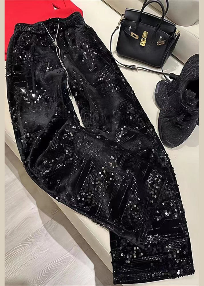 Fashion Silver Sequins Elastic Waist Straight Pants Spring