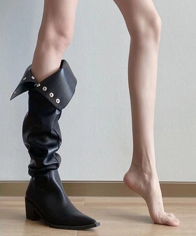 Fashion Splicing Chunky Knee Boots Black Faux Leather