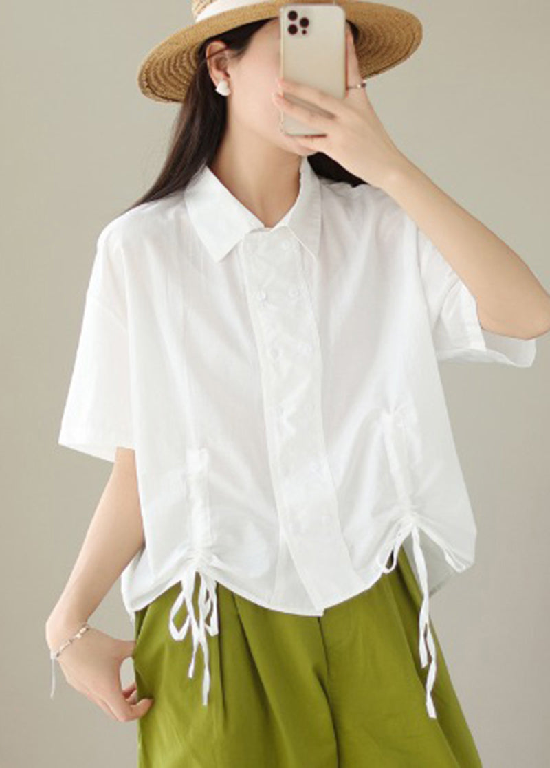 Unique White Double Breasted Drawstring Cotton Shirt Top