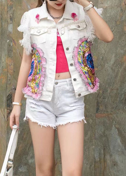 Trendy White Sequin Beaded Ruffle Patchwork Denim Vest Sleeveless