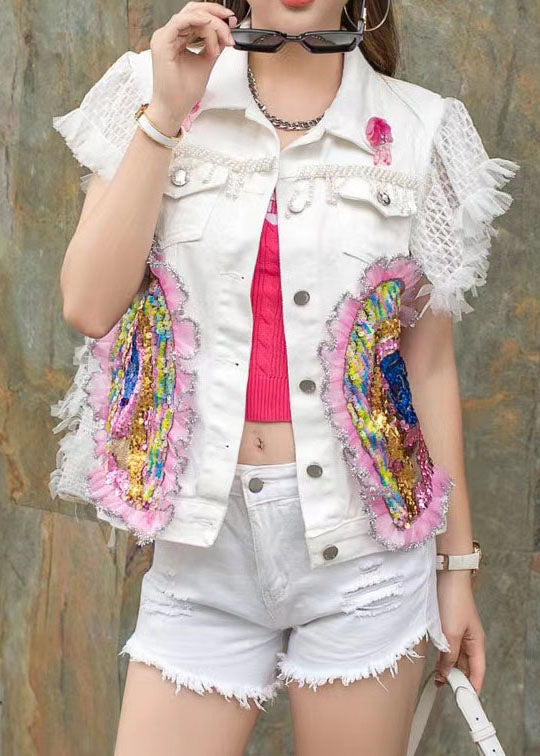 Trendy White Sequin Beaded Ruffle Patchwork Denim Vest Sleeveless